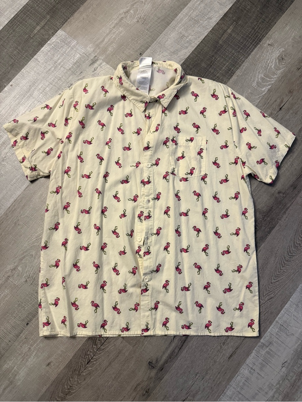 Cream Short-Sleeve Button-Up Shirt with Pink Flamingo Print